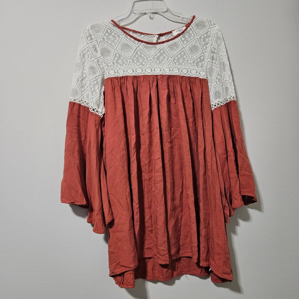 Umgee Rust Lace Crochet Boho Tunic Top Bell Sleeve Terracotta Blouse A1629 Medum